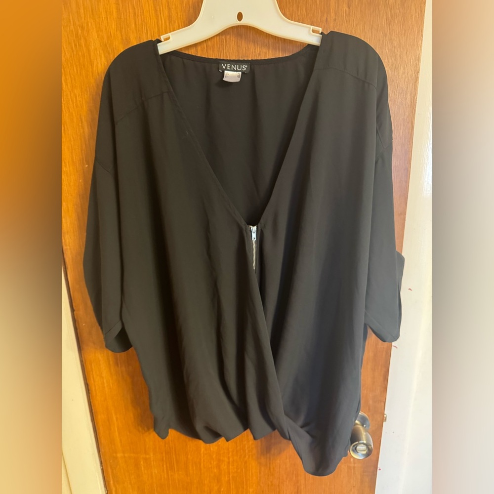 EUC, Venus size XL sheer black blouse w/crisscross front and zipper detail